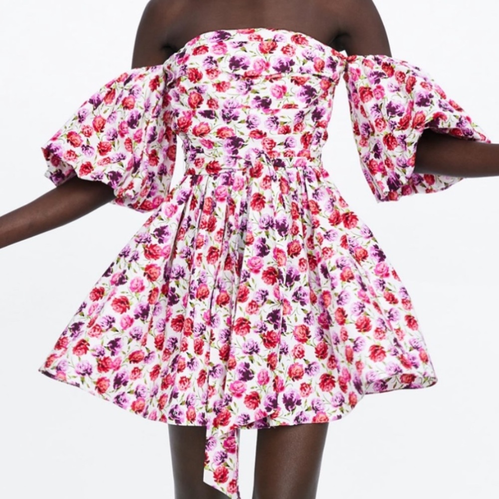 Zara off shoulder floral pink printed dress